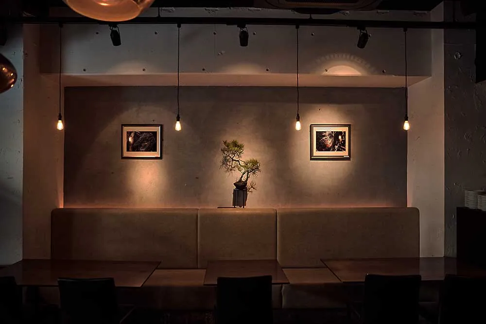 EX dining room with bonsai and a wall of photographs
